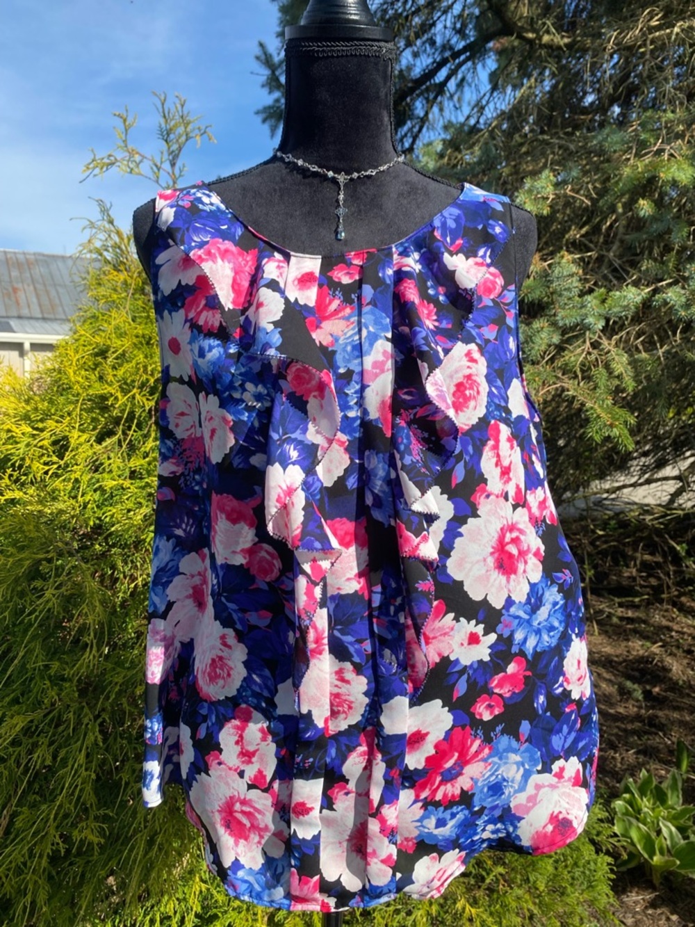 Floral Sleeveless Ruffle Front Top - Black, Blue & Pink